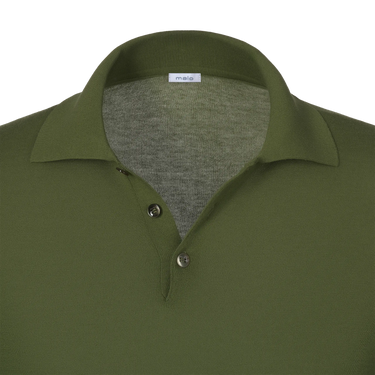 Close-up of Malo green polo shirt collar and button placket, highlighting fine stitching and luxury cotton texture.