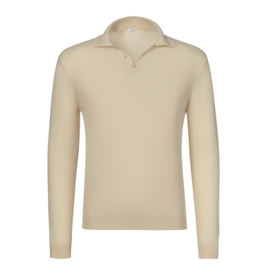 Cotton Long Sleeve Polo Knit-Shirt in Cream
