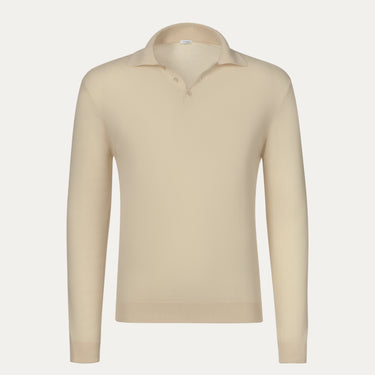 Cotton Long Sleeve Polo Knit-Shirt in Cream