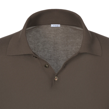 Close-up of Malo brown long sleeve polo shirt collar and button placket, highlighting fine knit texture and minimalist style.