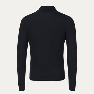 Back view of Malo long sleeve polo shirt in dark blue, showcasing its sleek knitwear design and premium cotton fabric.