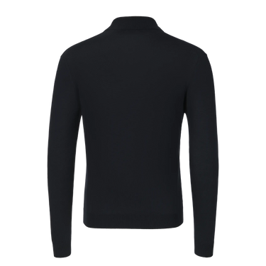 Back view of Malo long sleeve polo shirt in dark blue, showcasing its sleek knitwear design and premium cotton fabric.