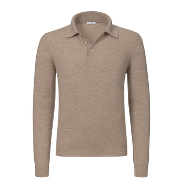 Malo UXD125 F1KO2 E3294 cashmere sweater polo shirt in beige melange with long sleeves and ribbed hem, ideal for FW24/25 knitwear collections.