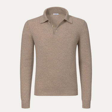 Malo UXD125 F1KO2 E3294 cashmere sweater polo shirt in beige melange with long sleeves and ribbed hem, ideal for FW24/25 knitwear collections.