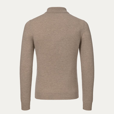 Back view of Malo beige melange cashmere polo shirt UXD125 F1KO2 E3294, showcasing minimalist design and premium knitwear craftsmanship.