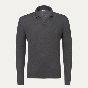 Malo UXD127 F2Z10 E1469 dark grey melange virgin wool sweater polo shirt with long sleeves and classic collar, front view. Premium knitwear for FW24/25.