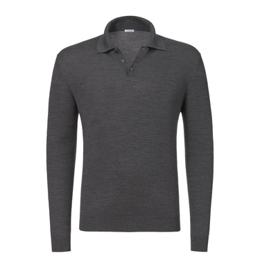 Malo UXD127 F2Z10 E1469 dark grey melange virgin wool sweater polo shirt with long sleeves and classic collar, front view. Premium knitwear for FW24/25.