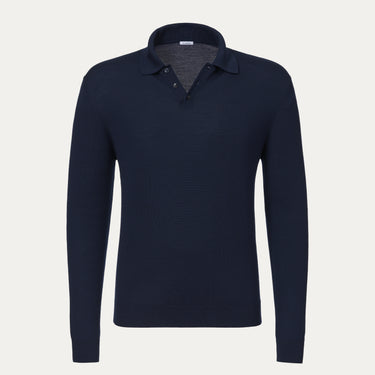 Malo UXD127 F2Z10 E2116 Virgin Wool Sweater Polo Shirt in navy blue with long sleeves and classic collar, ideal for FW24/25 menswear collections.