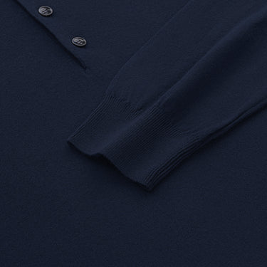 Detailed view of sleeve and cuff on Malo Virgin Wool Sweater Polo Shirt in navy blue, emphasizing knit quality and elegant finish for Spring/Summer 25.
