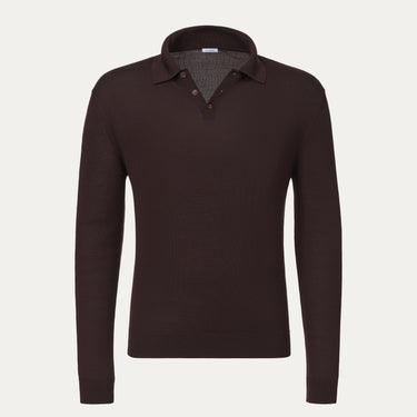 Malo UXD127 F2Z10 E2907 Virgin Wool Sweater Polo Shirt in Wild Brown with long sleeves and classic collar, ideal for FW24/25 knitwear collections.
