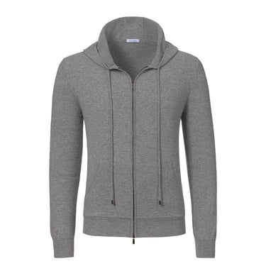Malo UXK019 F1L21 E3003 Cashmere Hooded Zip-Up in Light Grey Melange, front view showcasing minimalist design and premium knitwear texture.