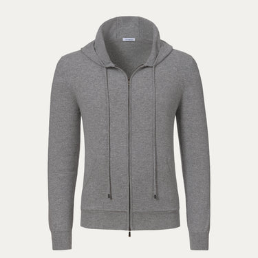 Malo UXK019 F1L21 E3003 Cashmere Hooded Zip-Up in Light Grey Melange, front view showcasing minimalist design and premium knitwear texture.