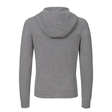 Back view of Malo UXK019 F1L21 E3003 Cashmere Hooded Zip-Up in Light Grey Melange, highlighting the hood and fine tailoring in luxury knitwear.