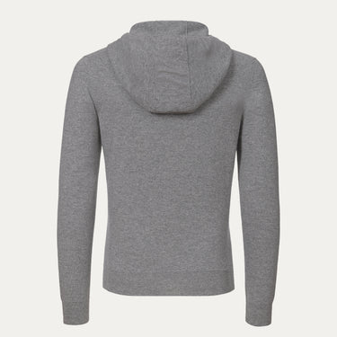 Back view of Malo UXK019 F1L21 E3003 Cashmere Hooded Zip-Up in Light Grey Melange, highlighting the hood and fine tailoring in luxury knitwear.