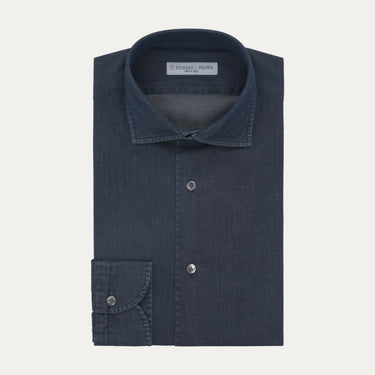 Front view of Richard J. Brown cotton denim dark blue shirt showcasing button-down design and premium fabric texture.