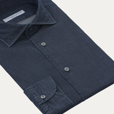 Close-up of Richard J. Brown cotton denim dark blue shirt highlighting fine stitching, button details, and soft denim material.