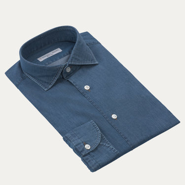 Richard J. Brown Cotton Denim Blue Shirt neatly folded with visible white buttons and classic collar, ideal for summer fashion at SARTALE.