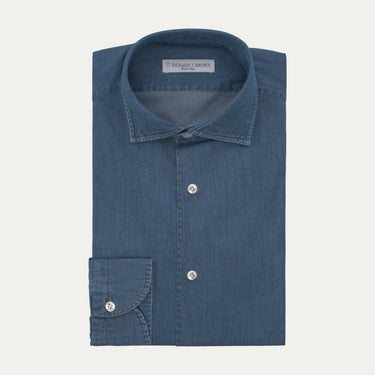 Front view of Richard J. Brown Cotton Denim Blue Shirt showcasing premium stitching and minimalist design, perfect for SS25 wardrobe.
