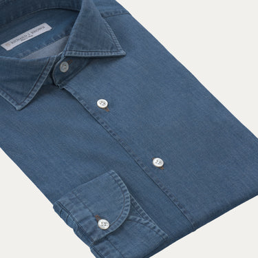 Close-up of Richard J. Brown Cotton Denim Blue Shirt highlighting fine cotton texture, button details, and refined craftsmanship for MidSeason25.