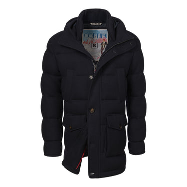 Kired Hooded Down Winter Jacket in Blue shown without fur trim, featuring padded design and premium tailoring, part of SARTALE's winter apparel.