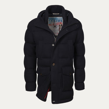 Kired Hooded Down Winter Jacket in Blue shown without fur trim, featuring padded design and premium tailoring, part of SARTALE's winter apparel.