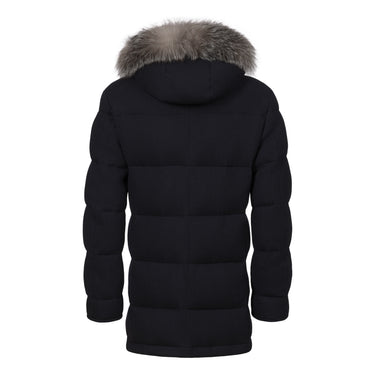 Back view of Kired Hooded Down Winter Jacket in Blue with detachable fur hood, showcasing quilted construction for cold-weather comfort.