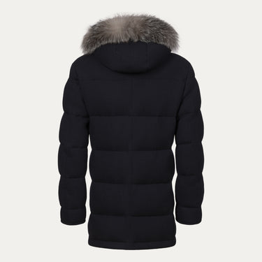 Back view of Kired Hooded Down Winter Jacket in Blue with detachable fur hood, showcasing quilted construction for cold-weather comfort.