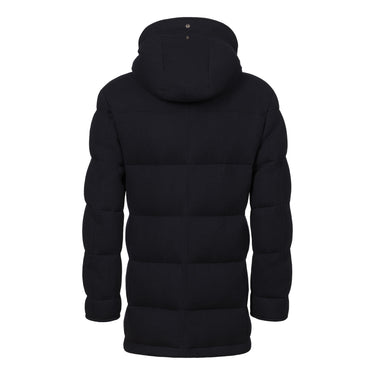 Rear view of Kired Hooded Down Winter Jacket in Blue without fur trim, highlighting sleek, insulated design for winter wear.