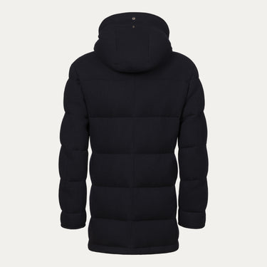 Rear view of Kired Hooded Down Winter Jacket in Blue without fur trim, highlighting sleek, insulated design for winter wear.