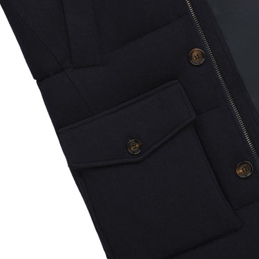 Close-up of Kired Hooded Down Winter Jacket in Blue showing front flap pocket with button closure, crafted for functionality and style.