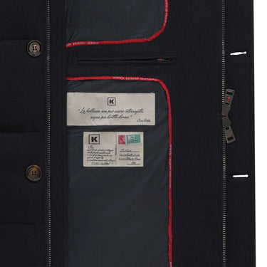Inside lining of Kired Hooded Down Winter Jacket in Blue with signature branding and Italian craftsmanship details, ideal for FW24/25 fashion.
