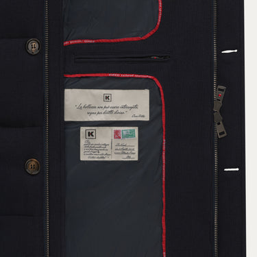 Inside lining of Kired Hooded Down Winter Jacket in Blue with signature branding and Italian craftsmanship details, ideal for FW24/25 fashion.