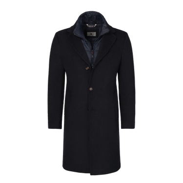 Abrigo con capucha en azul oscuro con inserción desmontable de protección contra el viento