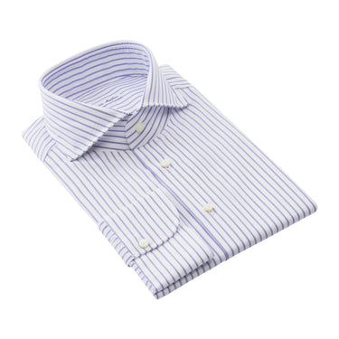 Emanuele Maffeis Striped Cotton White and Blue Shirt with Shark Collar - SARTALE