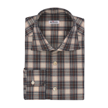 Kiton Checked Cotton Shirt in Vanilla Cream and Light Brown - SARTALE