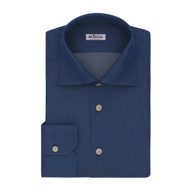 Kiton Cotton Shirt in Denim Dark Blue with Angled Cuffs - SARTALE