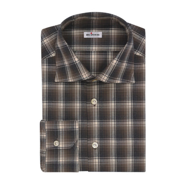 Kiton Plaid Cotton Shirt in White, Coffee Brown and Black - SARTALE