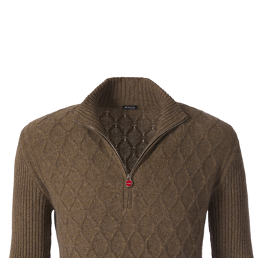 Kiton Cashmere High-Neck Sweater with Half-Zip in Olive Green - SARTALE