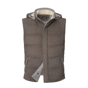 Kiton Quilted Hooded Suede Vest in Taupe - SARTALE