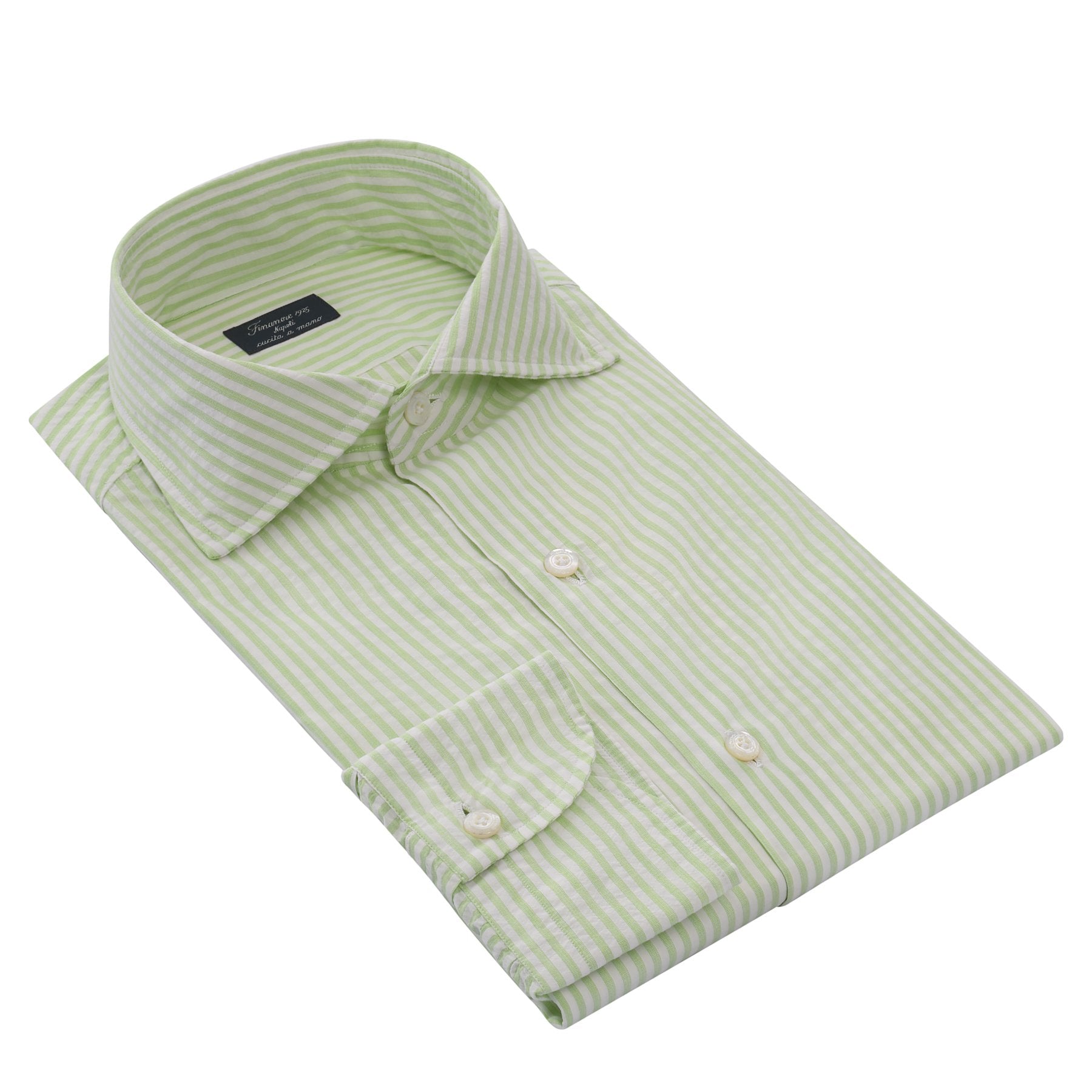 Finamore | Classic Napoli Cotton Shirt with Striped Sticks in Green | SARTALE Finamore | Classic Napoli Cotton Shirt with Striped Sticks in Green | SARTALE