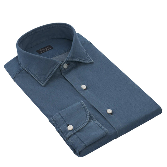 Finamore Cotton Blue Denim Shirt with Soft Collar - SARTALE