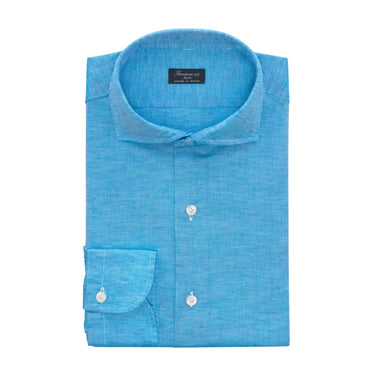 Finamore Linen-Cotton Blend Shirt in Turquoise Blue - SARTALE