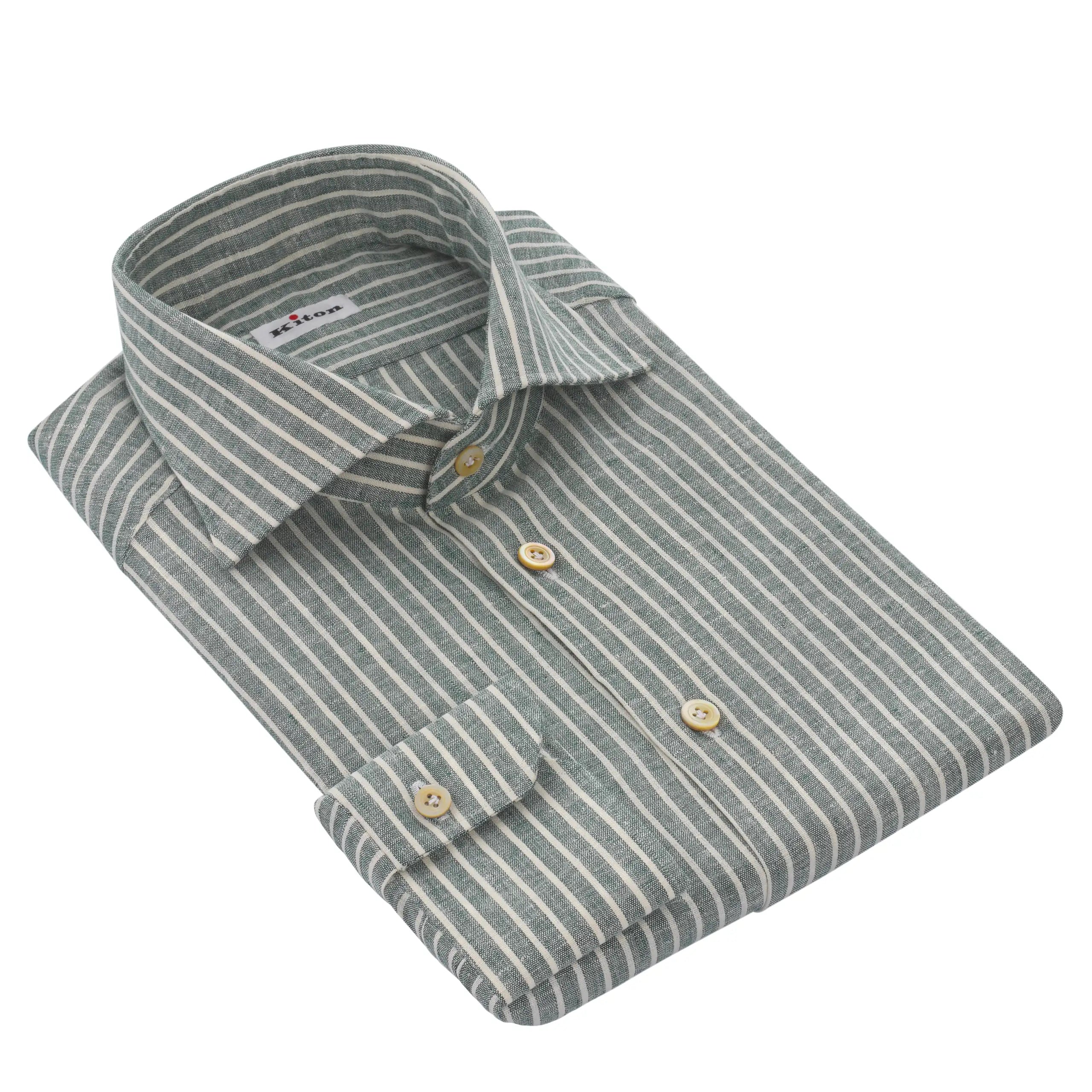kiton dress shirts Kiton | Linen-Blend Shirt in Green and White
