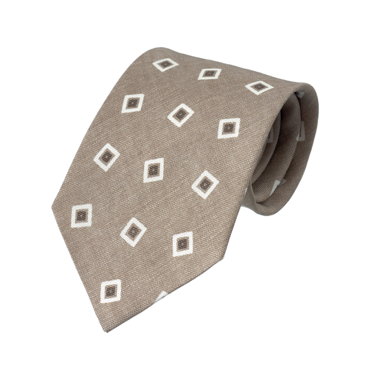 Printed Woven Linen-Silk Blend Tie in Beige Patten