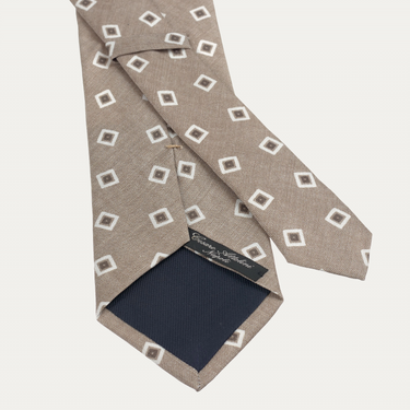 Printed Woven Linen-Silk Blend Tie in Beige Patten