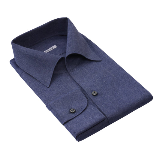 Linen-Cotton Shirt in Blue Melange with Open Collar