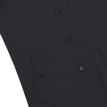 Close-up of Sealup navy raincoat front buttons and pocket detailing, highlighting premium craftsmanship and minimalist design.