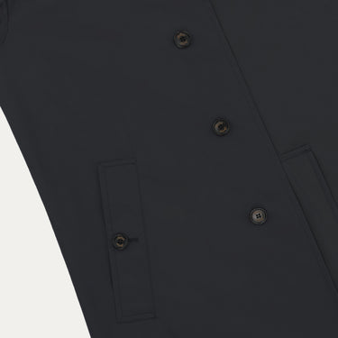 Close-up of Sealup navy raincoat front buttons and pocket detailing, highlighting premium craftsmanship and minimalist design.