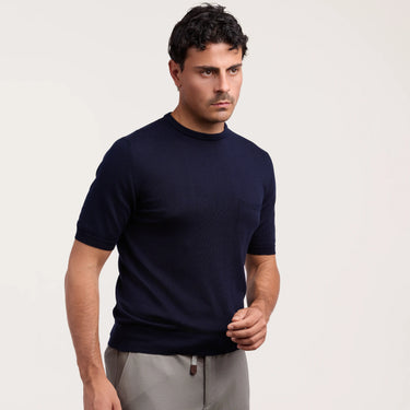 Baumwoll-Rundhals-T-Shirt in Marineblau mit Brusttasche