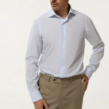 Camisa Clásica de Algodón a Rayas en Blanco y Azul Claro